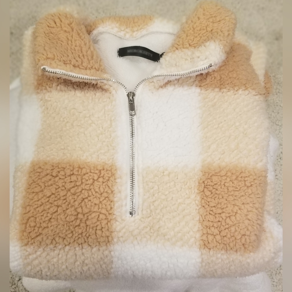 Cozy Plaid Sherpa Pullover Long Sleeve Half Zip Jacket By Merokeety. Size XL - Picture 3 of 3